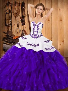 White And Purple Lace Up Quinceanera Gown Embroidery and Ruffles Sleeveless Floor Length