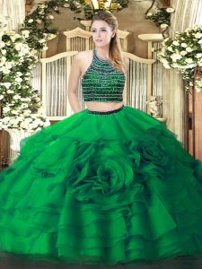 Nice Green Halter Top Neckline Beading and Ruffled Layers Quinceanera Gowns Sleeveless Zipper