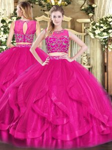 Eye-catching Beading and Ruffles Quinceanera Dresses Hot Pink Zipper Sleeveless Floor Length