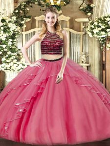 Glittering Coral Red Ball Gowns Beading and Ruffles Sweet 16 Dress Zipper Organza Sleeveless Floor Length