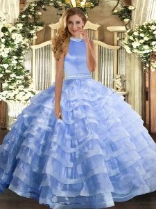Superior Blue Sleeveless Organza Backless Quince Ball Gowns for Military Ball and Sweet 16 and Quinceanera