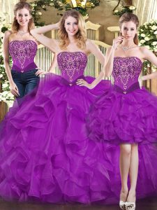 Custom Designed Purple Sleeveless Floor Length Beading and Ruffles Lace Up Sweet 16 Dresses