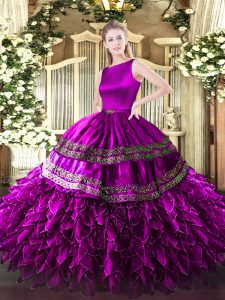 Floor Length Fuchsia Vestidos de Quinceanera Satin and Organza Sleeveless Ruffles