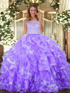 Extravagant Lavender Vestidos de Quinceanera Military Ball and Sweet 16 and Quinceanera with Lace and Ruffled Layers Scoop Sleeveless Clasp Handle