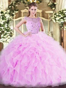 Customized Lilac Tulle Zipper Bateau Sleeveless Floor Length 15 Quinceanera Dress Beading and Ruffles