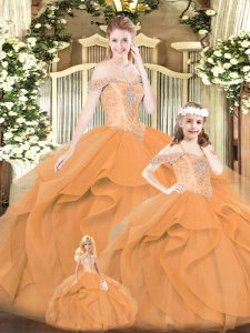 Fashionable Sleeveless Tulle Floor Length Lace Up Quinceanera Dresses in Orange Red with Beading and Ruffles