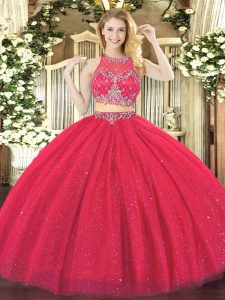 Exceptional Coral Red Sleeveless Beading Floor Length 15 Quinceanera Dress