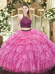Rose Pink Halter Top Neckline Beading and Ruffled Layers Sweet 16 Dresses Sleeveless Zipper