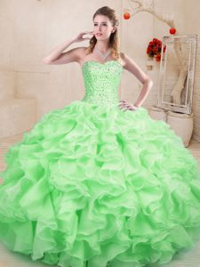 Apple Green Ball Gowns Organza Sweetheart Sleeveless Beading and Ruffles Floor Length Lace Up Quinceanera Gown