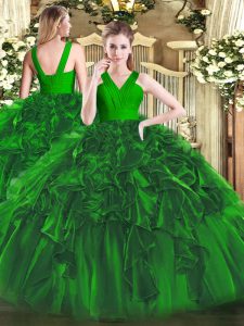 Dark Green Sleeveless Organza Zipper Sweet 16 Quinceanera Dress for Military Ball and Sweet 16 and Quinceanera