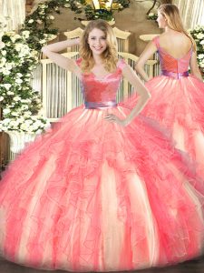 Watermelon Red Sleeveless Tulle Zipper Sweet 16 Quinceanera Dress for Military Ball and Sweet 16 and Quinceanera