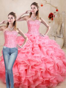 Cute Sleeveless Beading and Ruffles Lace Up Quince Ball Gowns