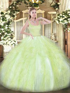Yellow Green Sleeveless Tulle Zipper Ball Gown Prom Dress for Military Ball and Sweet 16 and Quinceanera
