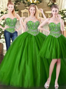 Pretty Floor Length Dark Green Vestidos de Quinceanera Tulle Sleeveless Beading