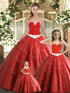 Beautiful Red Tulle Lace Up Sweetheart Sleeveless Floor Length 15th Birthday Dress Beading