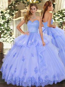 Customized Light Blue Ball Gown Prom Dress Military Ball and Sweet 16 and Quinceanera with Beading and Appliques and Ruffles Sweetheart Sleeveless Lace Up