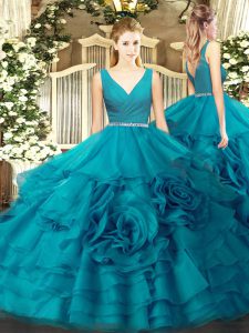 Sleeveless Floor Length Beading Zipper Quince Ball Gowns with Teal