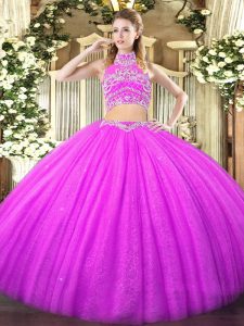 Graceful High-neck Sleeveless Tulle Quinceanera Dresses Beading Backless