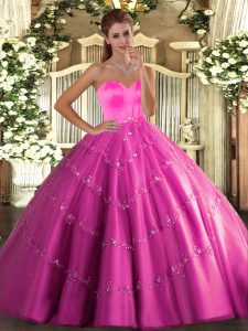 Floor Length Hot Pink Quinceanera Dress Tulle Sleeveless Beading and Appliques