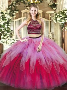 Extravagant Multi-color Two Pieces Beading and Ruffles 15th Birthday Dress Lace Up Tulle Sleeveless Floor Length