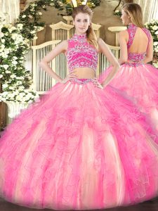 Beautiful Watermelon Red and Rose Pink Sleeveless Floor Length Beading and Ruffles Backless Sweet 16 Dresses