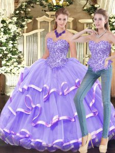 Flare Lavender Two Pieces Appliques and Ruffled Layers Sweet 16 Quinceanera Dress Zipper Organza Sleeveless Floor Length