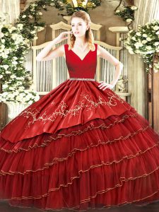 Eye-catching Wine Red Ball Gowns Embroidery and Ruffled Layers 15th Birthday Dress Zipper Organza Sleeveless Floor Length
