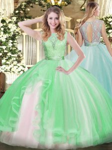 Customized Sleeveless Organza Floor Length Backless 15 Quinceanera Dress in Apple Green with Lace and Ruffles