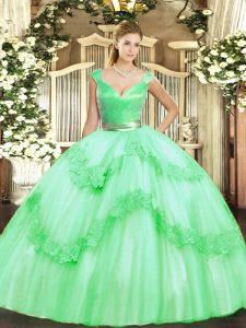 Stunning Tulle Sleeveless Floor Length Ball Gown Prom Dress and Beading and Appliques