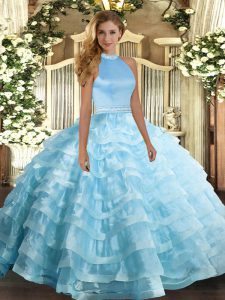 Halter Top Sleeveless Organza Quinceanera Dress Beading and Ruffled Layers Backless