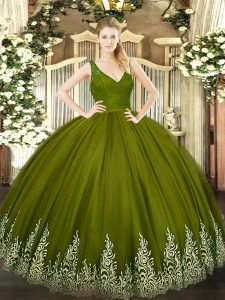 Designer Olive Green Backless Quinceanera Gowns Beading and Lace and Appliques Sleeveless Floor Length