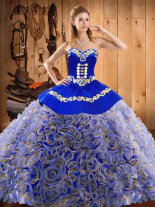 Multi-color Ball Gowns Satin and Fabric With Rolling Flowers Sweetheart Sleeveless Embroidery With Train Lace Up Quince Ball Gowns Sweep Train