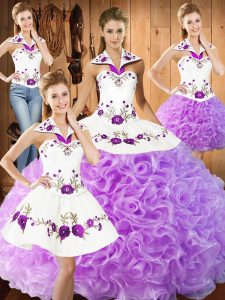 Pretty Lilac Ball Gowns Embroidery Sweet 16 Quinceanera Dress Lace Up Fabric With Rolling Flowers Sleeveless Floor Length