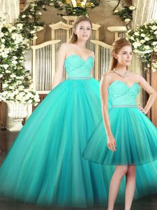 Graceful Sleeveless Floor Length Ruching Lace Up Sweet 16 Dress with Aqua Blue