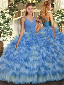 Floor Length Blue Quinceanera Dresses Organza Sleeveless Beading and Ruffled Layers