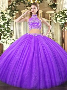 Fashionable Floor Length Lavender Sweet 16 Quinceanera Dress Tulle Sleeveless Beading