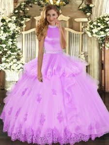 Colorful Floor Length Lilac 15th Birthday Dress Tulle Sleeveless Beading and Ruffles
