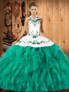 Most Popular Halter Top Sleeveless Quinceanera Gown Floor Length Embroidery and Ruffles Turquoise Satin and Organza