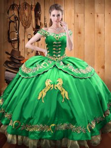 Satin and Organza Off The Shoulder Sleeveless Lace Up Beading and Embroidery Ball Gown Prom Dress in Green