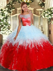 Scoop Sleeveless Tulle Ball Gown Prom Dress Beading and Ruffles Backless