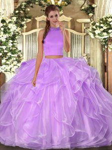 Low Price Lilac Two Pieces Halter Top Sleeveless Organza Floor Length Backless Beading and Ruffles Quinceanera Gowns