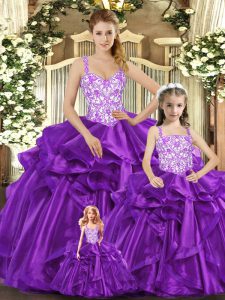 Clearance Purple Organza Lace Up Sweet 16 Dresses Sleeveless Floor Length Beading and Ruffles