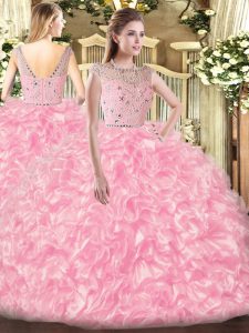 Rose Pink Ball Gowns Bateau Sleeveless Tulle Floor Length Zipper Beading and Ruffles Quinceanera Gown