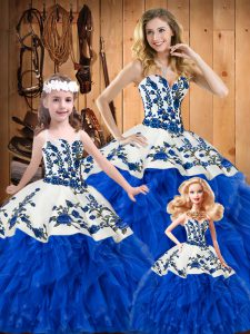 Sleeveless Satin and Organza Floor Length Lace Up 15th Birthday Dress in Blue with Embroidery and Ruffles