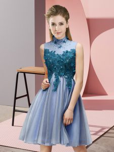 Blue Empire High-neck Sleeveless Tulle Knee Length Lace Up Appliques Court Dresses for Sweet 16