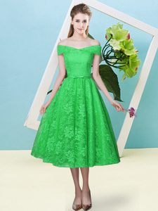 Trendy Tea Length Lace Up Vestidos de Damas Green for Prom and Party and Wedding Party with Bowknot