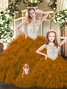 Luxury Tulle Scoop Sleeveless Lace Up Beading and Ruffles 15th Birthday Dress in Brown