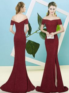 Custom Design Burgundy Mermaid Sequined Off The Shoulder Short Sleeves Sequins Zipper Prom Dresses Sweep Train