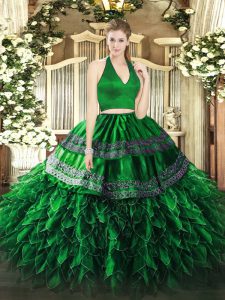 New Style Floor Length Zipper Sweet 16 Dresses Dark Green for Military Ball and Sweet 16 and Quinceanera with Appliques and Ruffles