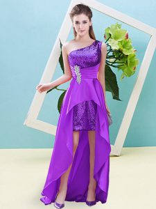 Dramatic One Shoulder Sleeveless Homecoming Dress High Low Beading and Sequins Eggplant Purple Elastic Woven Satin and Sequined